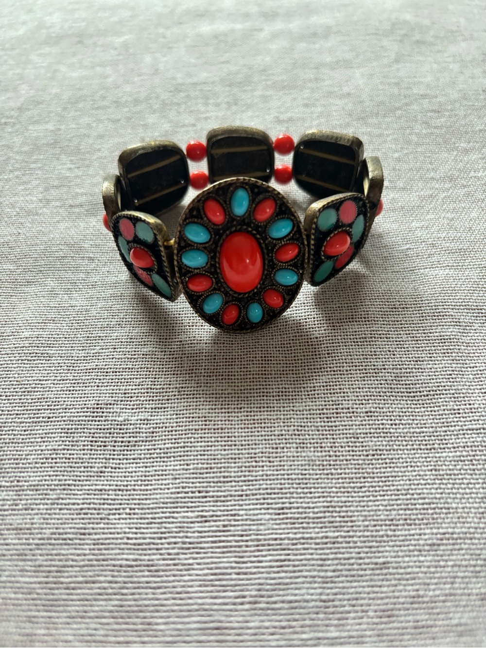 Vintage Y2K brass coral turquoise boho gypsy funky unique beaded bracelet.
